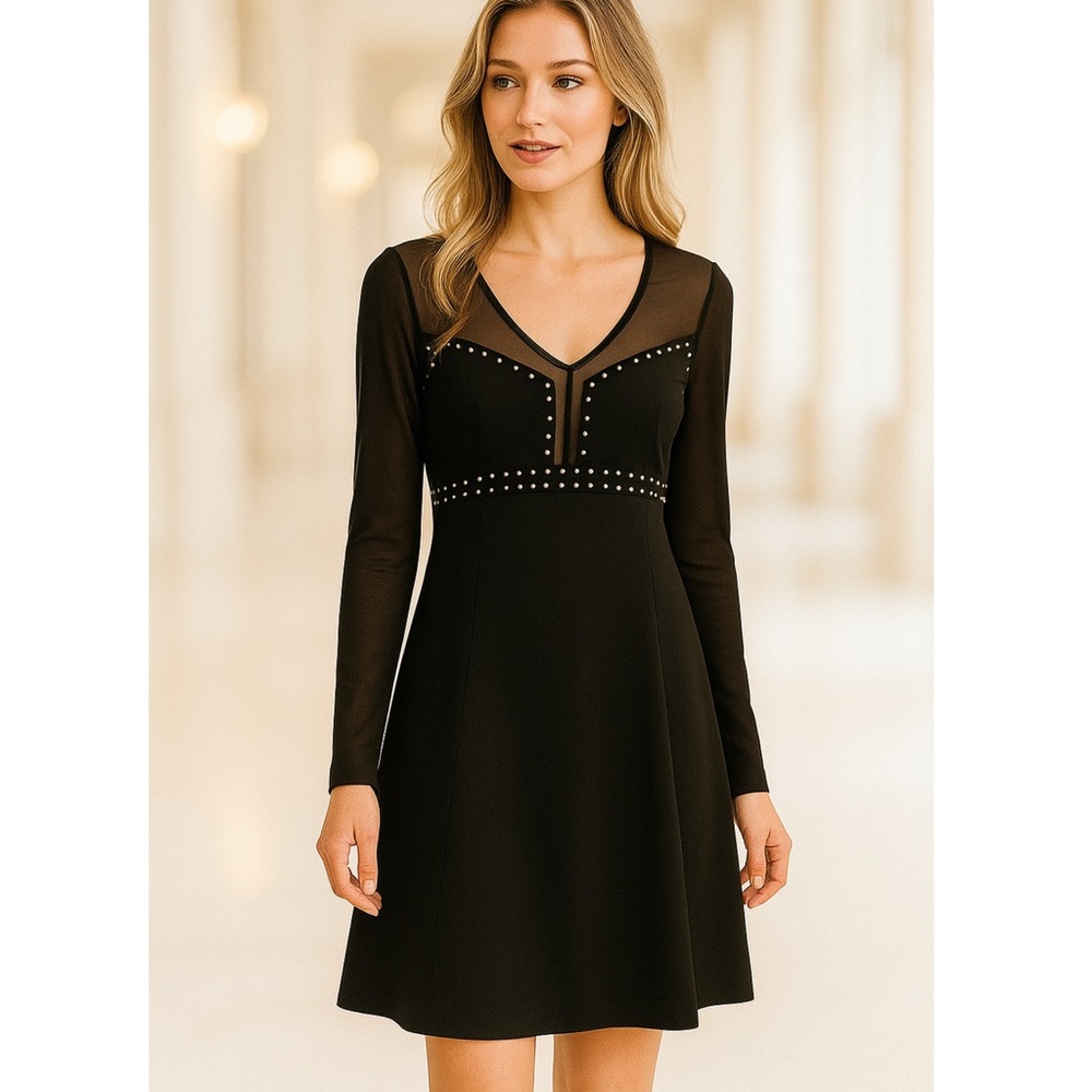 TWIN-SET Simona Barbieri Little Black Dress Long Sleeves Studded Women's Sz M